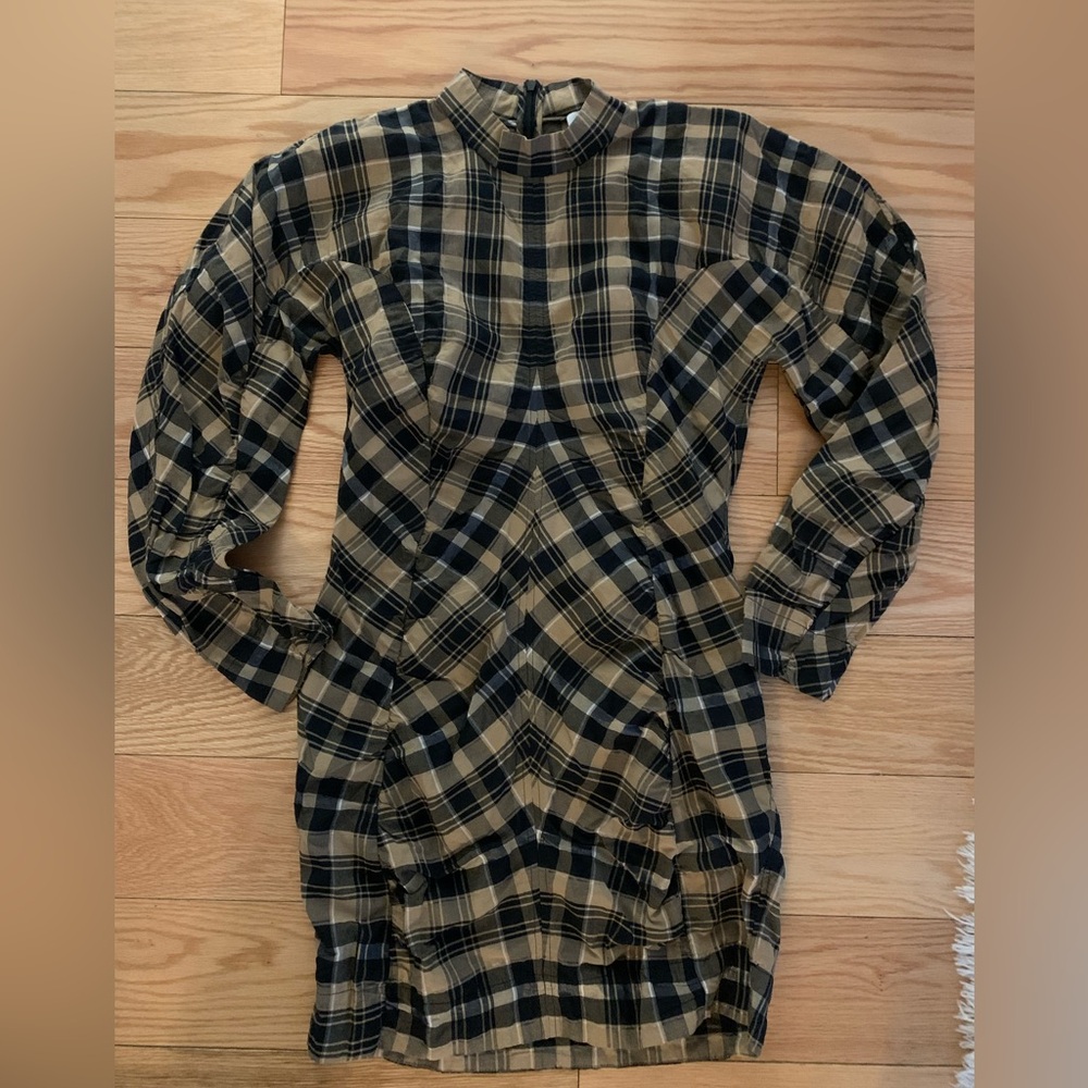 Ganni Long Sleeve Plaid Dress - Black and Tan